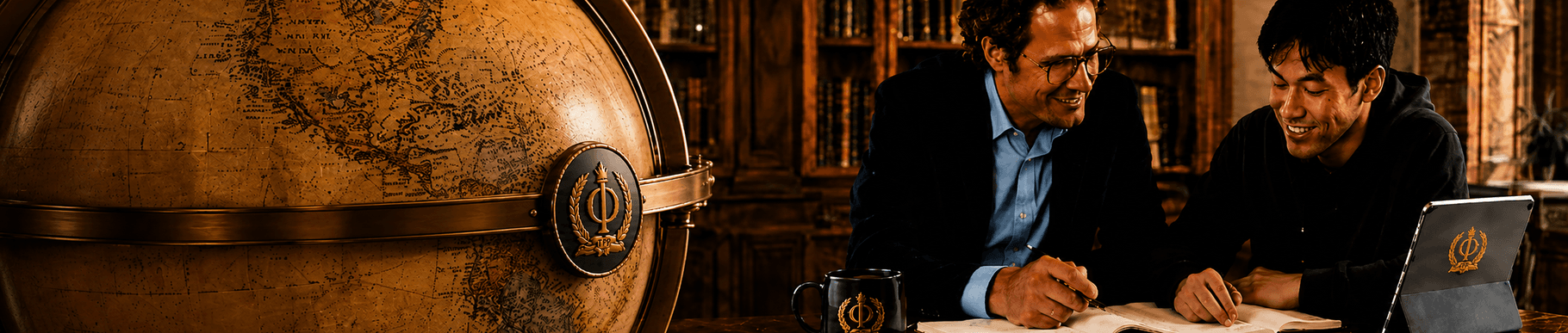 A large antique globe in the foreground of a wood-paneled library, with the Lead Tutor and a student smiling while reviewing coursework together at a table in the background, a coffee mug and tablet both bearing The Personal Professor's emblem beside them