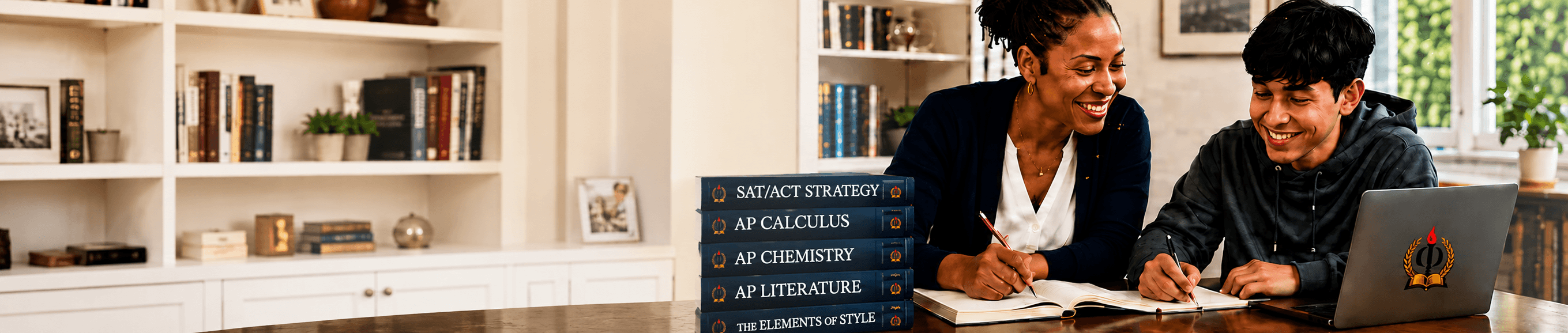A Lead Tutor and a student working together at a table, with a stack of textbooks beside them and a laptop bearing The Personal Professor's emblem