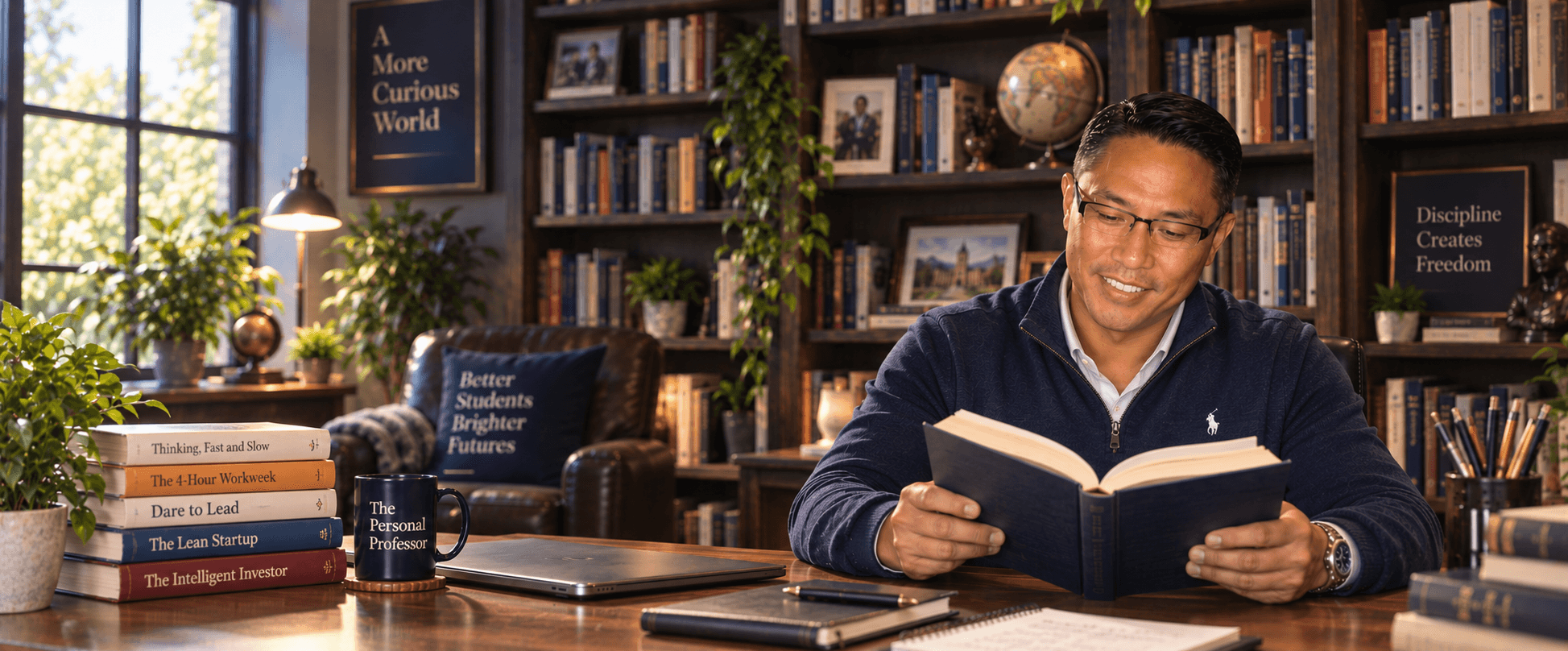James in a brown sport coat, seated in his home library reading an open book, surrounded by bookshelves.