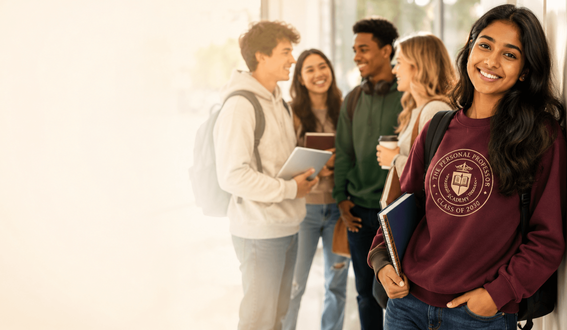 A group of smiling students in a sunlit hallway, with one student in a Personal Professor Academy sweatshirt in the foreground