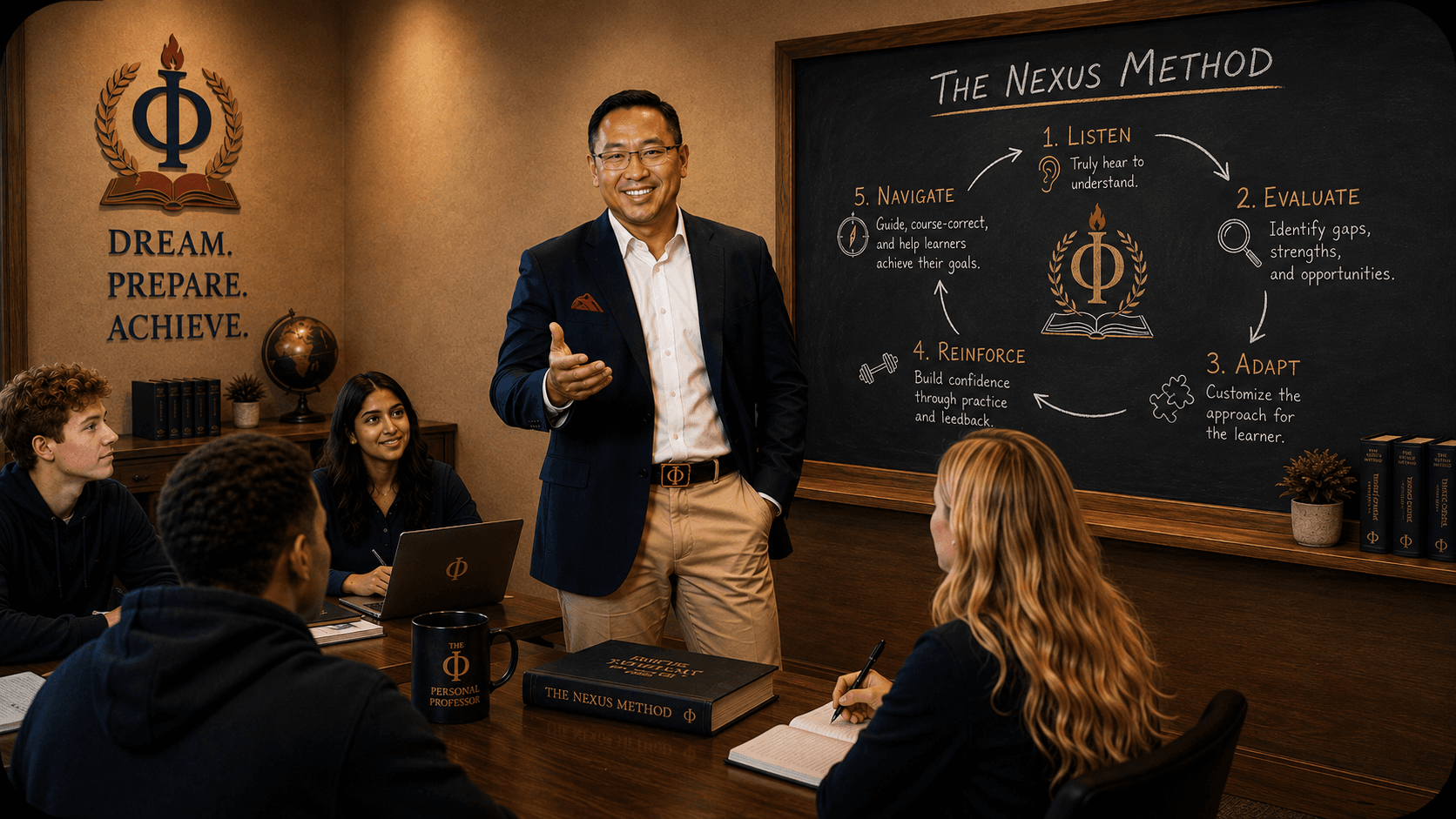 A professor gesturing while presenting to students, with a handwritten overlay of the five Nexus Method steps