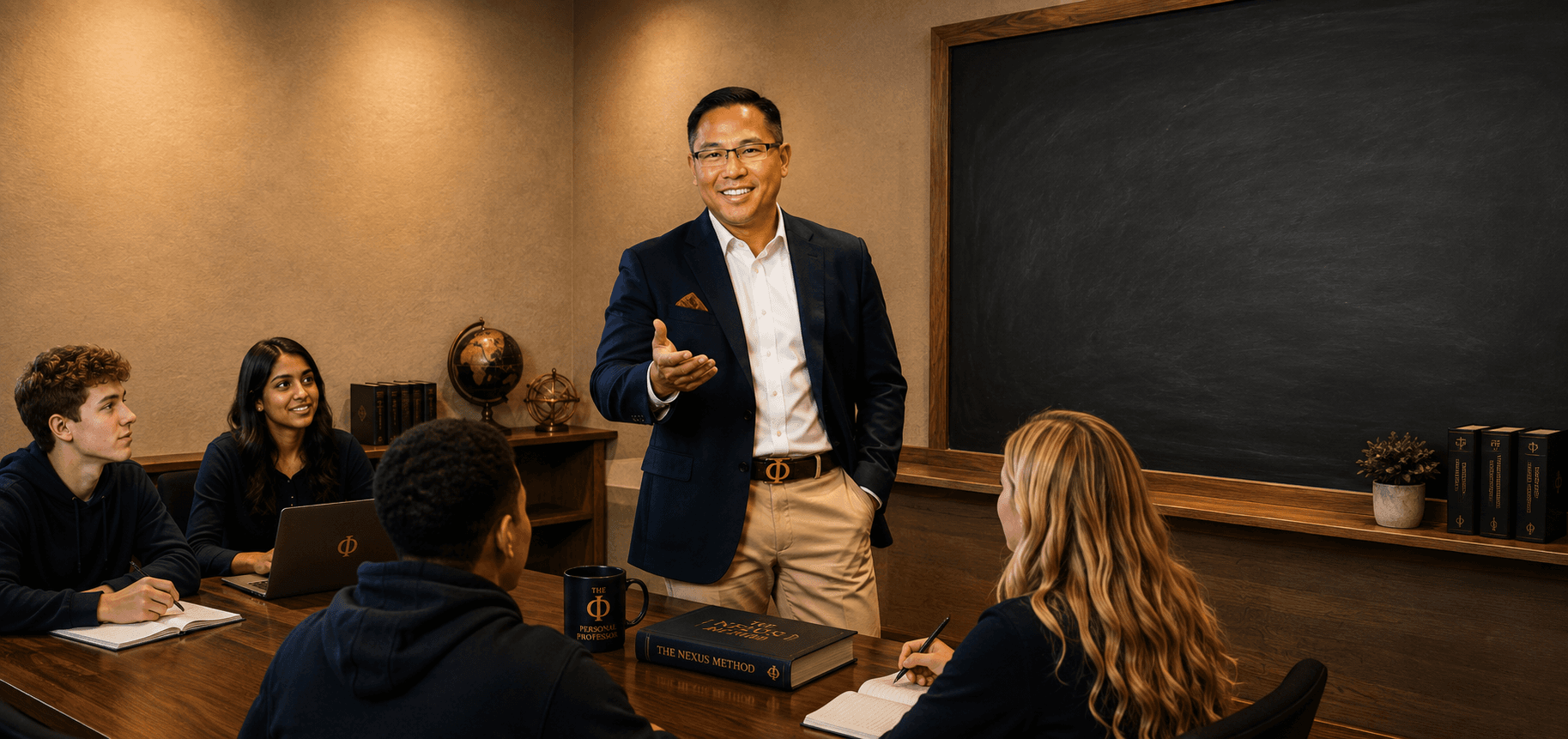 A professor gesturing while presenting to students seated at tiered desks in a wide classroom