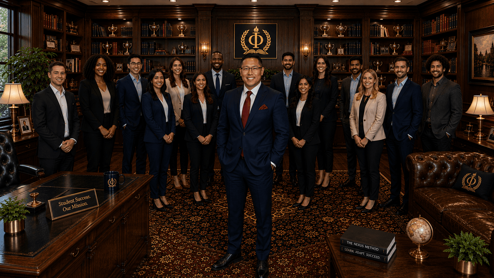 The Personal Professor's founder standing with his staff of tutors, professors, and team members in the office library, in front of bookshelves and a globe