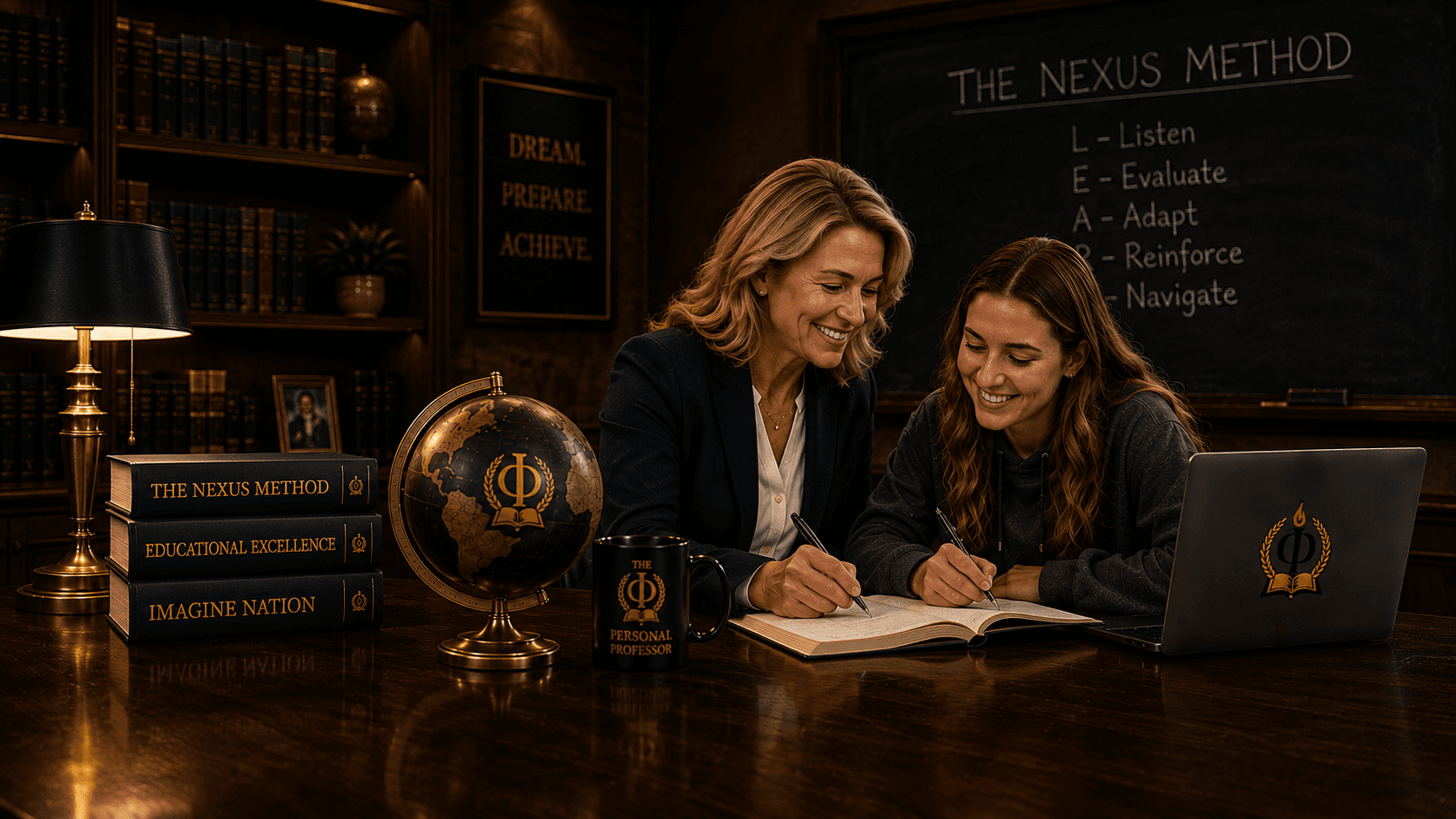 The Lead Tutor and a student smiling while writing together at a wood desk in a book-lined office, with a globe, a stack of Personal-Professor-branded books, a branded mug, and a laptop bearing the emblem nearby, and a chalkboard behind them outlining the Nexus Method's five steps